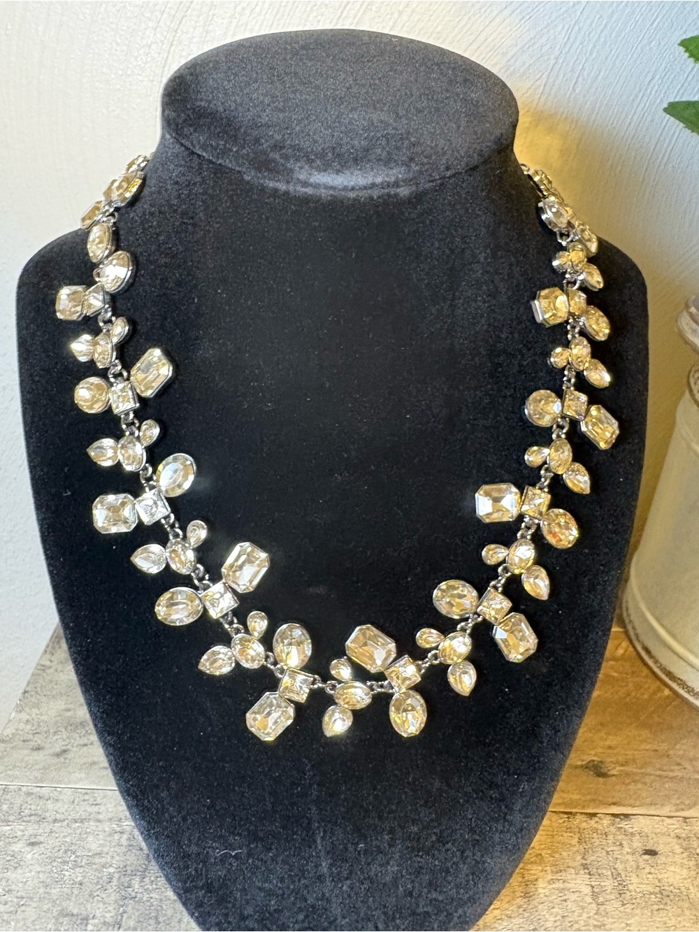 Crystal Leaf Vine Statement Necklace - Clear Gold-Tone